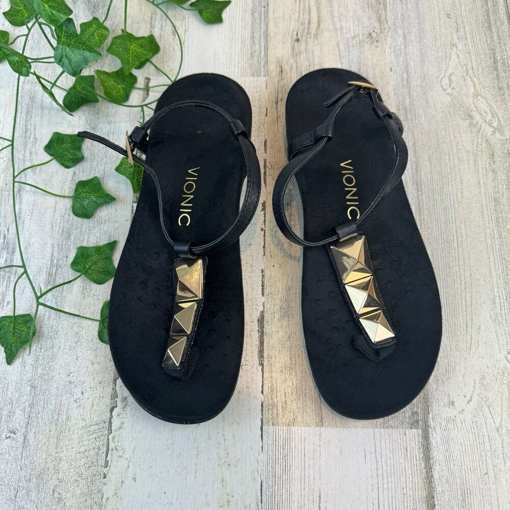 Vionic Womens Nala T-Strap Sandals Black Metallic Flat Heel Studded Buckle 7